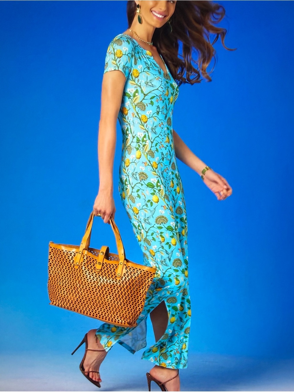 NICoBLU Floral Long Stretch Dress in Turq Hummingbird Print. Luxuriosly soft. Sm